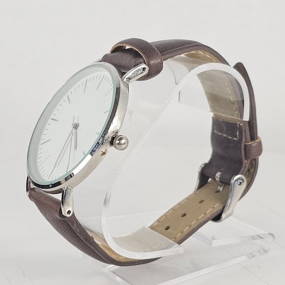 Women's Quartz Watch White Dial Brown Faux Leather Band Silver Case 40mm - Picture 12 of 12